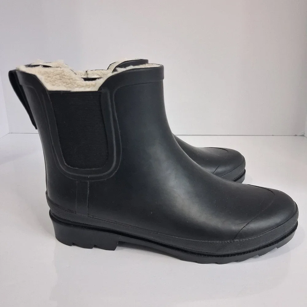 J.Crew Matte Black Rubber Chelsea Rain Boots Faux Shearling Lined Ankle‎ BD333 7